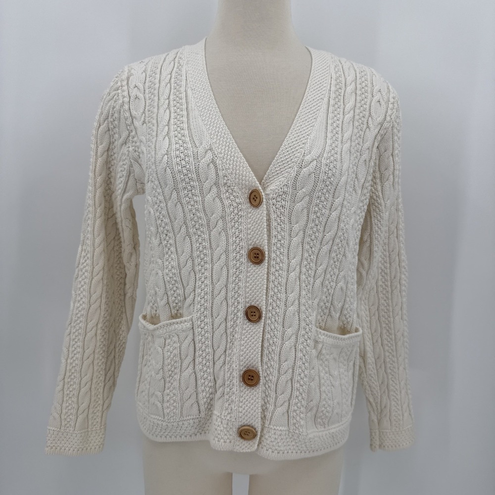L.L. Bean Womens Cream 100% Cotton Cable Knit Cardigan Size Small Classic